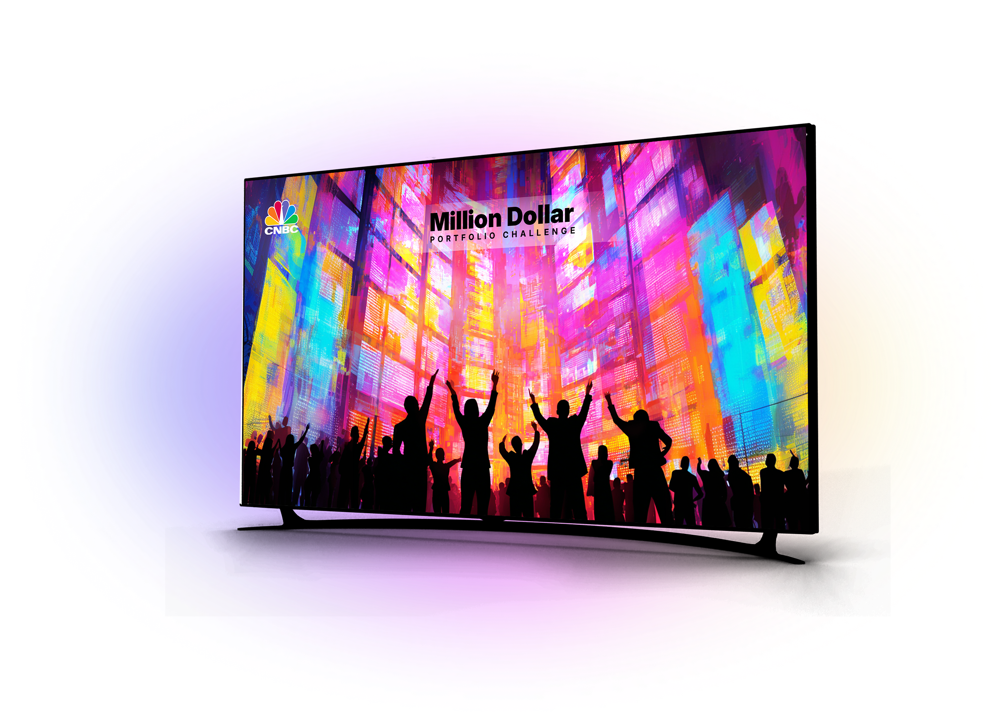 People celebrating near big screens with financial information