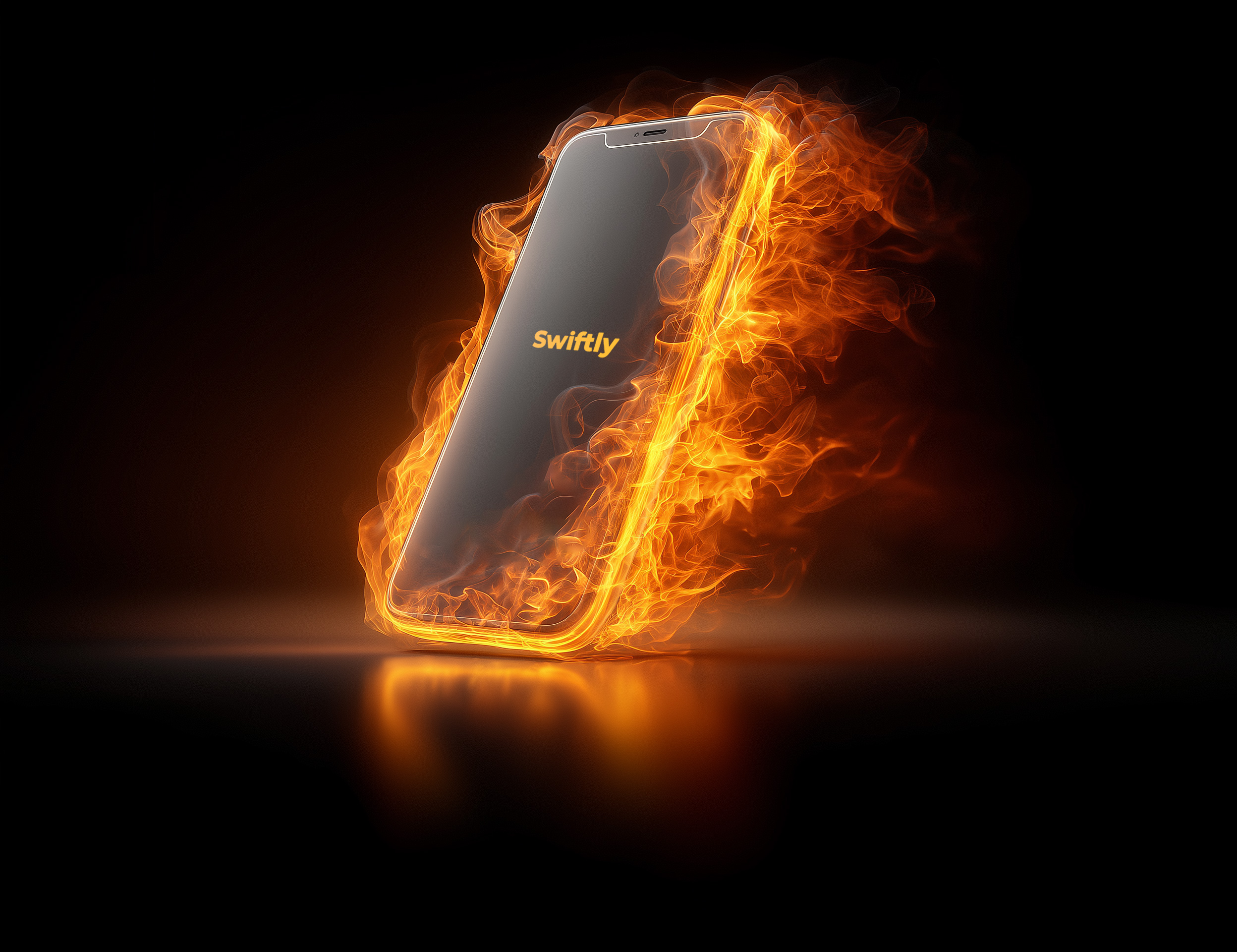 A smartphone surrounded by fire