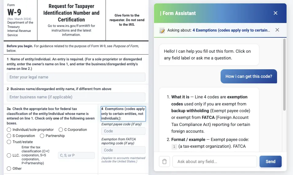 Form Assistant AI widget helping fill out a W-9 tax form